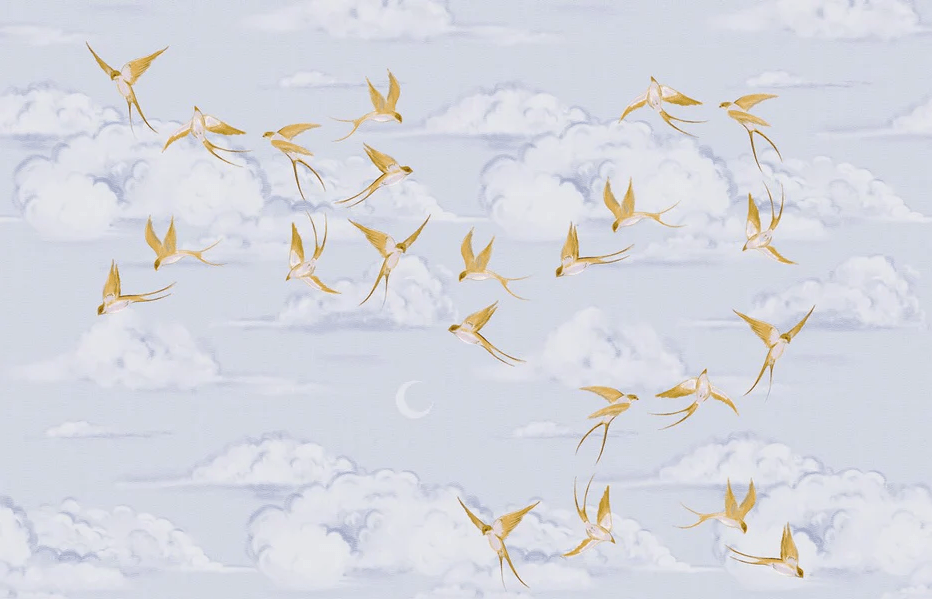 Papier peint nuage poétique oiseau or - Muralconcept