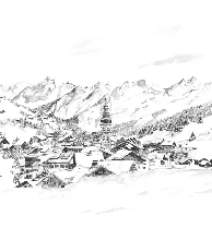 Papier peint panoramique La Clusaz en peinture - Noir et blanc - Muralconcept