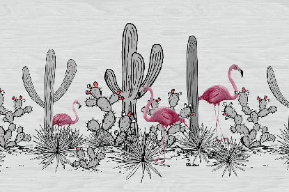 Panoramic wallpaper featuring cacti and flamingos