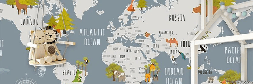 Papier peint chambre enfant map animaux gris, XXL, tendance