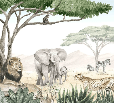 Papier peint enfant savane en peinture - Muralconcept