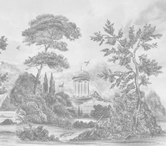 Papier peint panoramique Villa Borghese Rome – Gravure noir et blanc pins italiens - Muralconcept