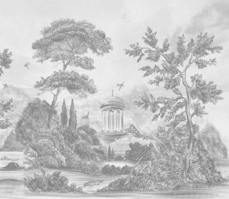 Papier peint panoramique Villa Borghese Rome – Gravure noir et blanc pins italiens - Muralconcept