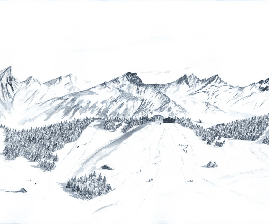 Papier peint montagne Megève – Fresque artistique peinte à la main - Muralconcept