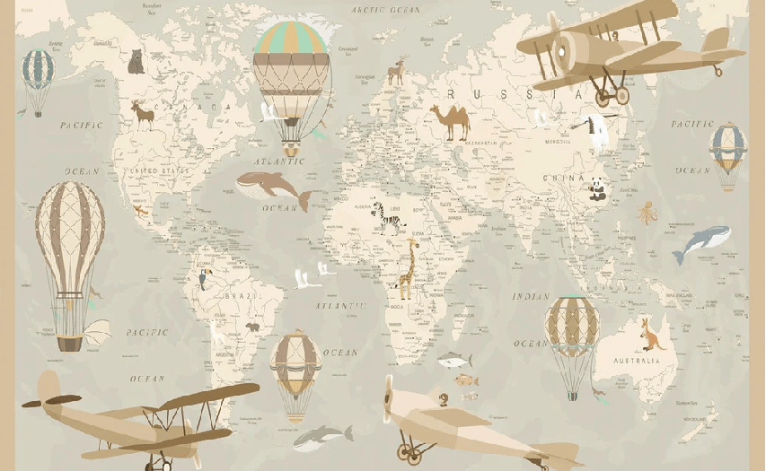 Papier peint enfant carte du monde aviateur - Muralconcept