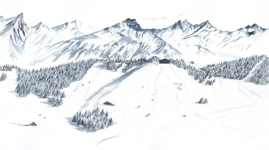 Papier peint montagne Megève – Fresque artistique peinte à la main - Muralconcept