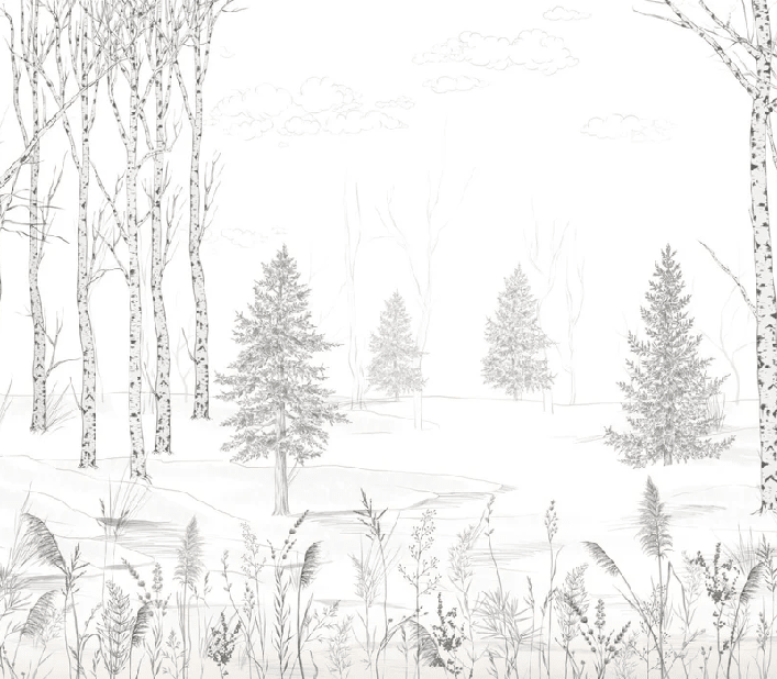 Papier peint forêt noir et blanc – Douceur des Bois - Muralconcept