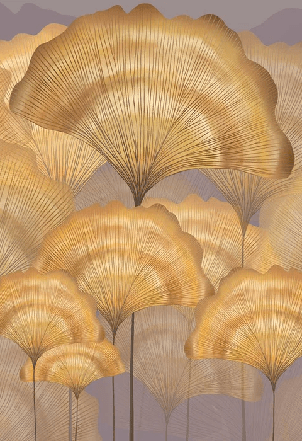 Papier peint salle de bain contemporain ginkgo ocre - Muralconcept