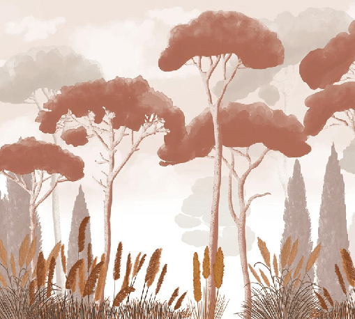 Papier peint cyprès pins et herbes de la pampa terracotta, XXL, tendance