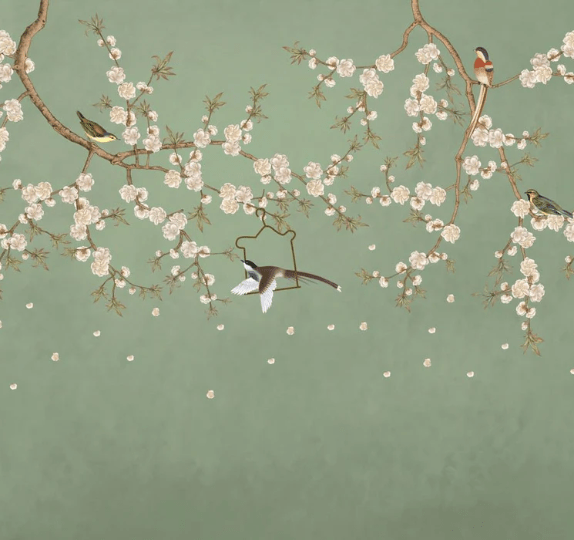 Papier peint sakura zen vert