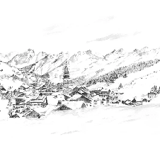 Papier peint panoramique La Clusaz en peinture - Noir et blanc - Muralconcept