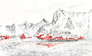 Papier peint panoramique Norvège – Fjord et village de pêcheurs - Muralconcept