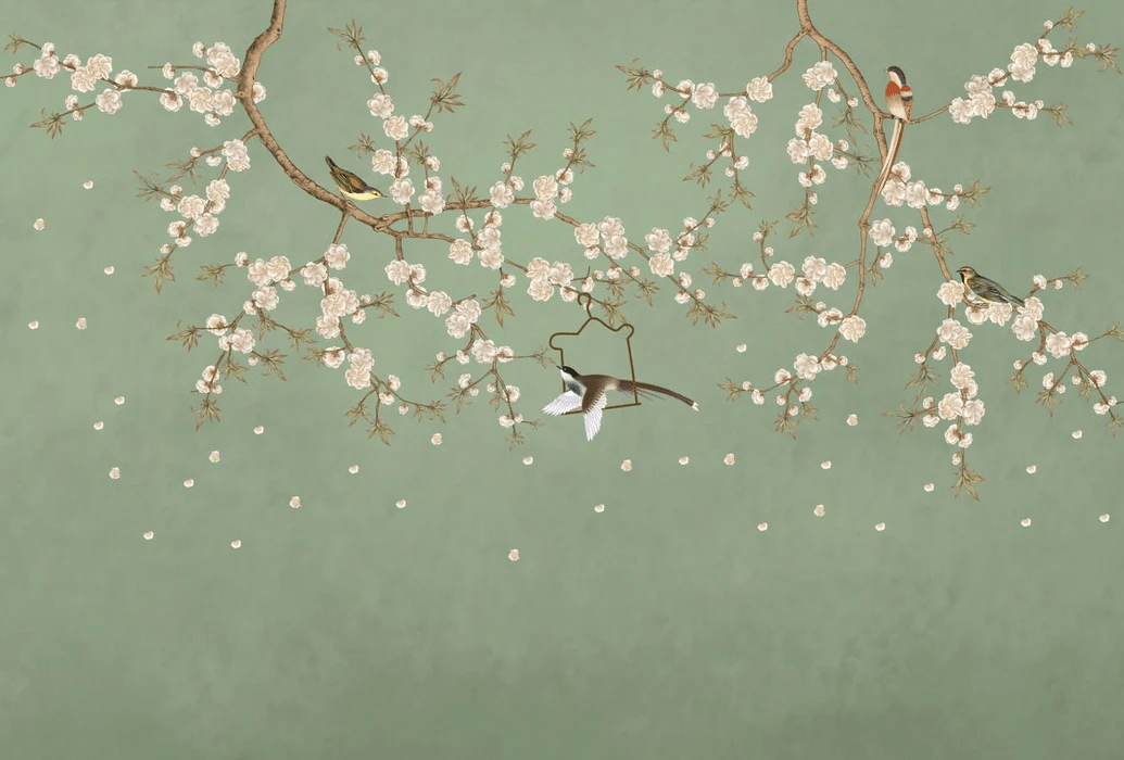 Papier peint sakura zen vert - Muralconcept