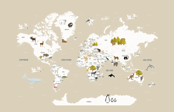Children's French world map wallpaper beige