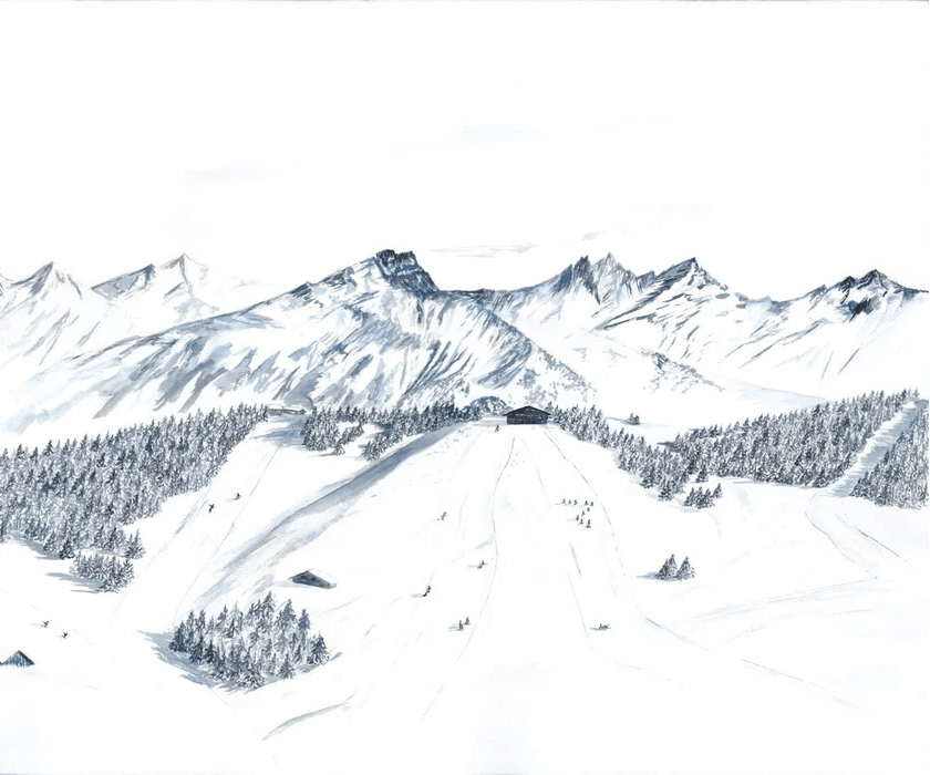 Papier peint montagne Megève – Fresque artistique peinte à la main - Muralconcept