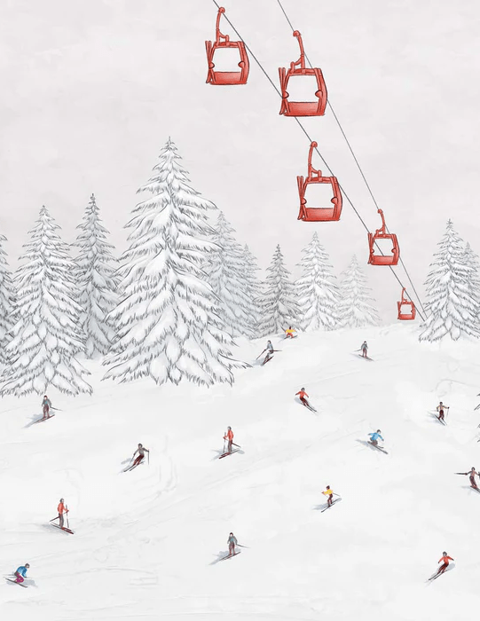 Papier peint télécabine skieurs colorés - Muralconcept