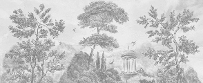 Papier peint panoramique Villa Borghese Rome – Gravure noir et blanc pins italiens - Muralconcept