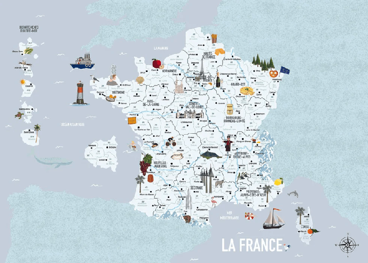 Papier peint carte de France enfant bleu - Muralconcept
