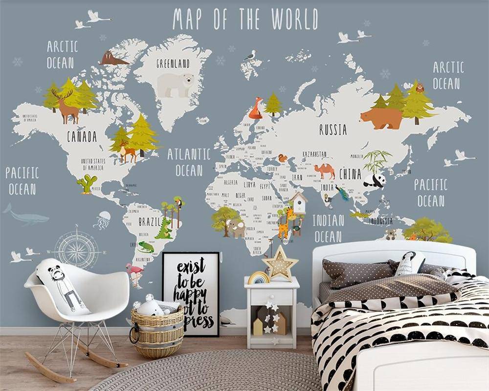 Illustrated World Map Animals Grey Wallpaper