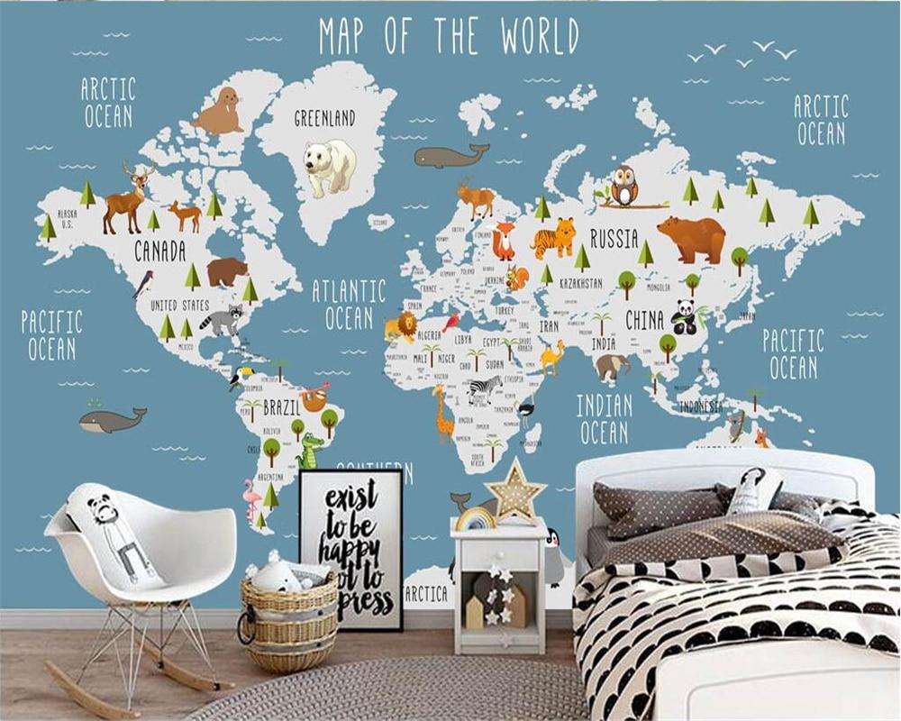 Illustrated world map wallpaper Animals dark blue