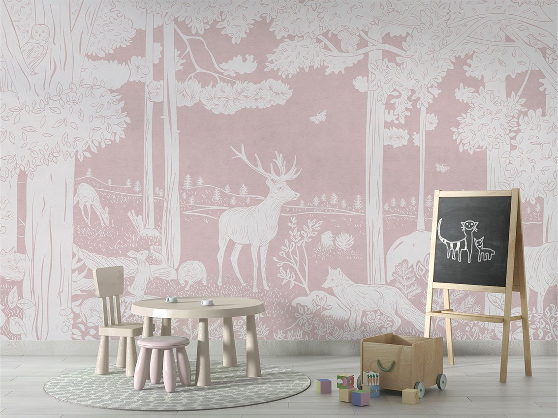 Papel pintado Animales del bosque rosa