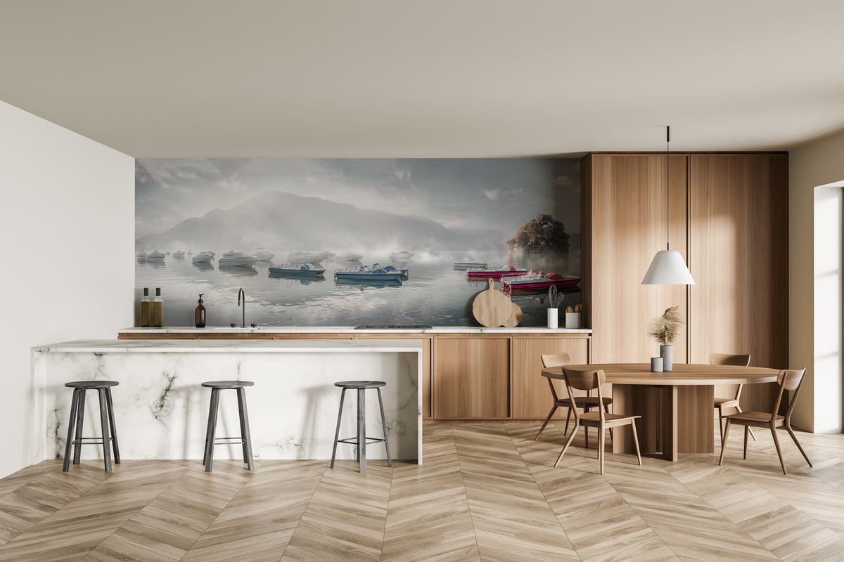 Wallpaper restaurant a cool morning at vintage Lake Annecy