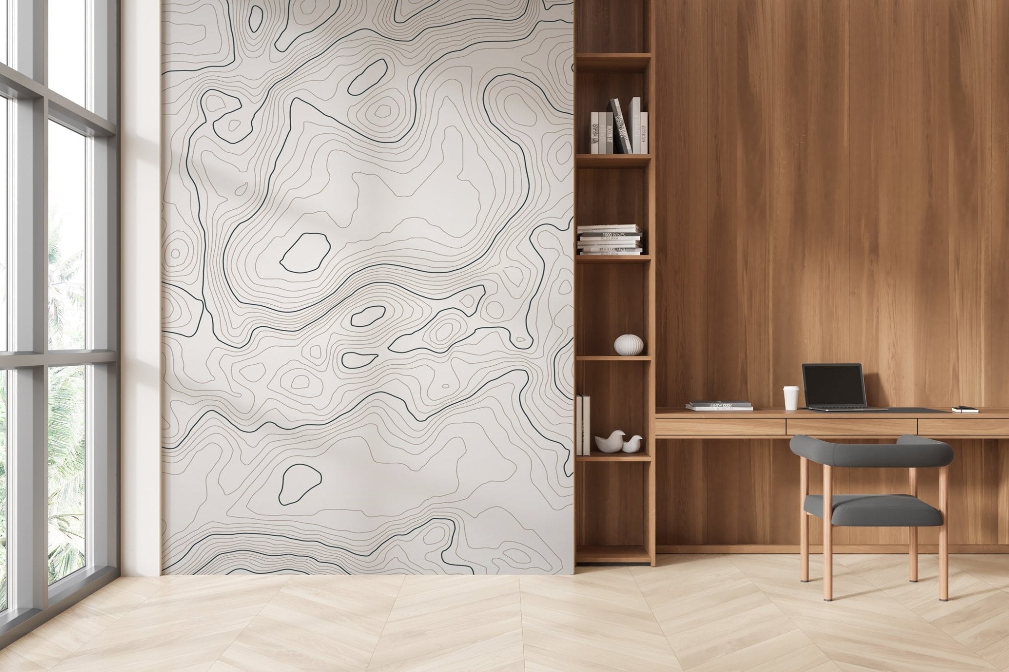 Papier peint ligne topographique - Noir et blanc - Muralconcept