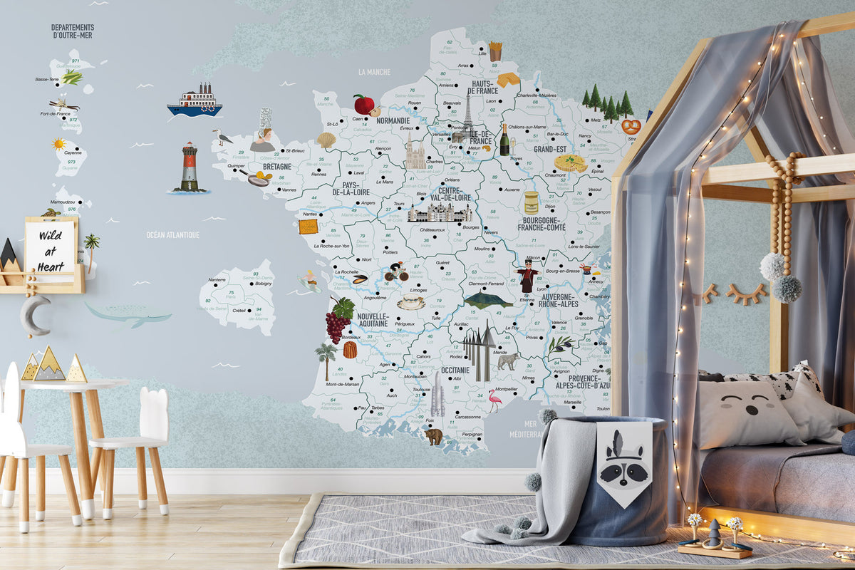 Papel pintado infantil Mapa azul de Francia