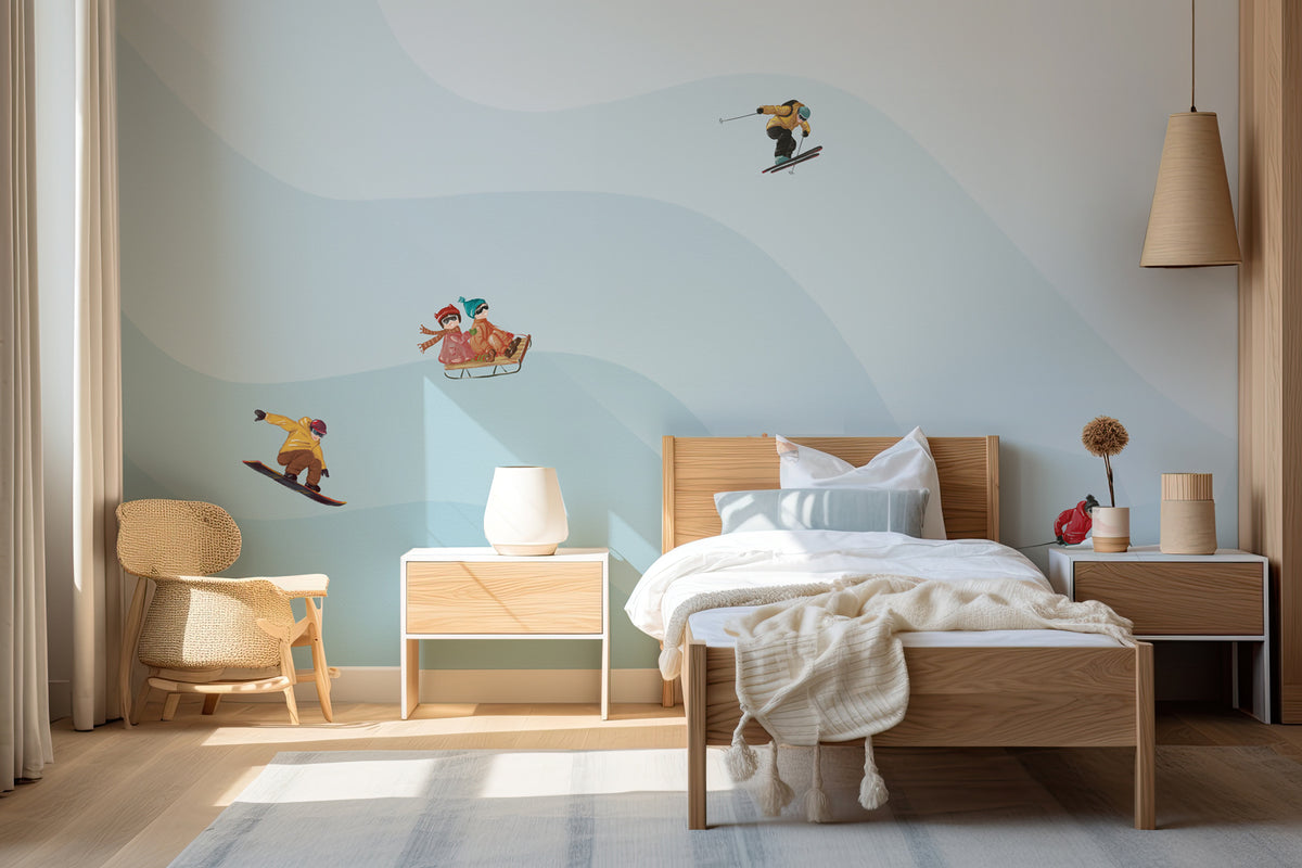 Children's wallpaper skiers blue