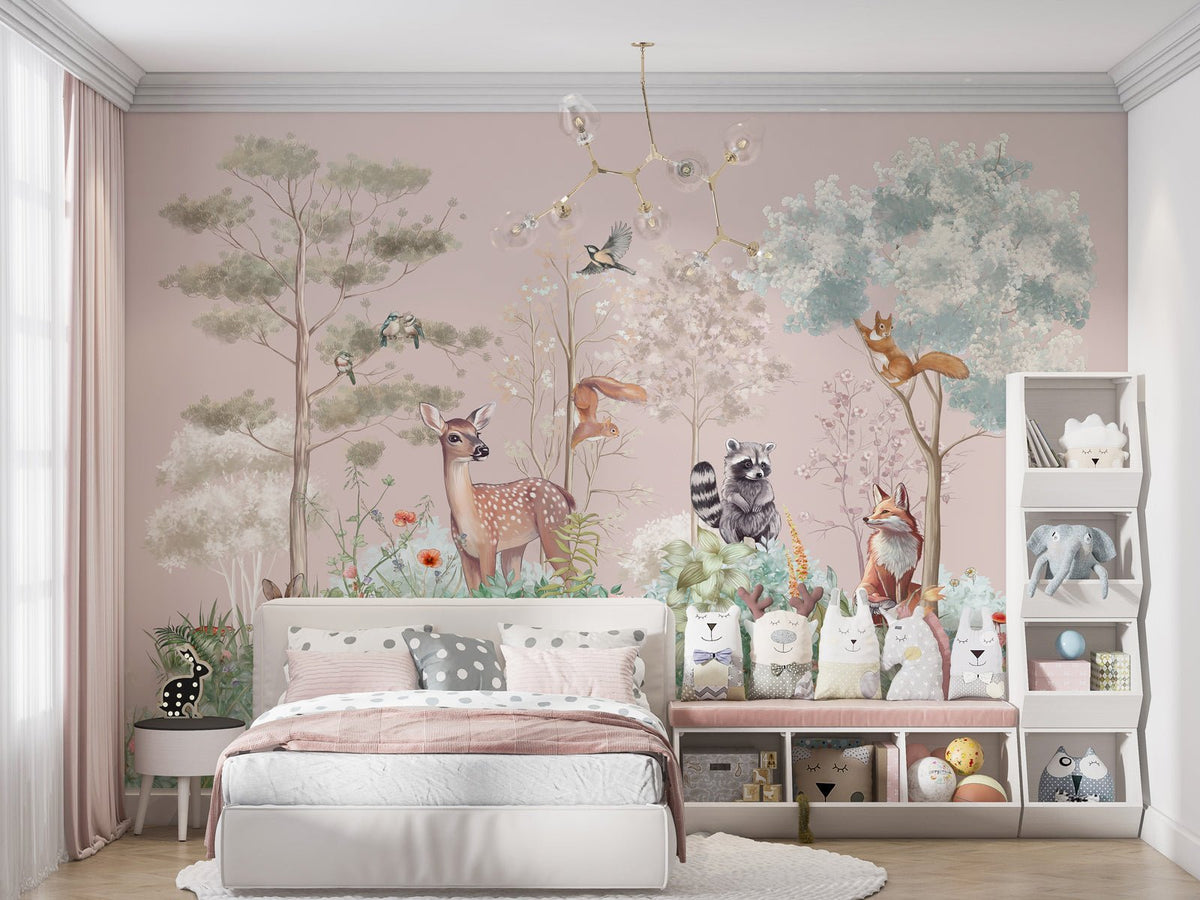 Pink magical nature children's room wallpaper