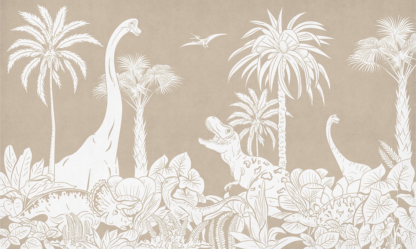 Carta da parati monocromatica beige con dinosauri