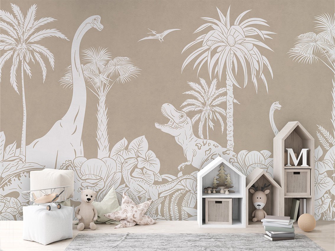 Carta da parati monocromatica beige con dinosauri