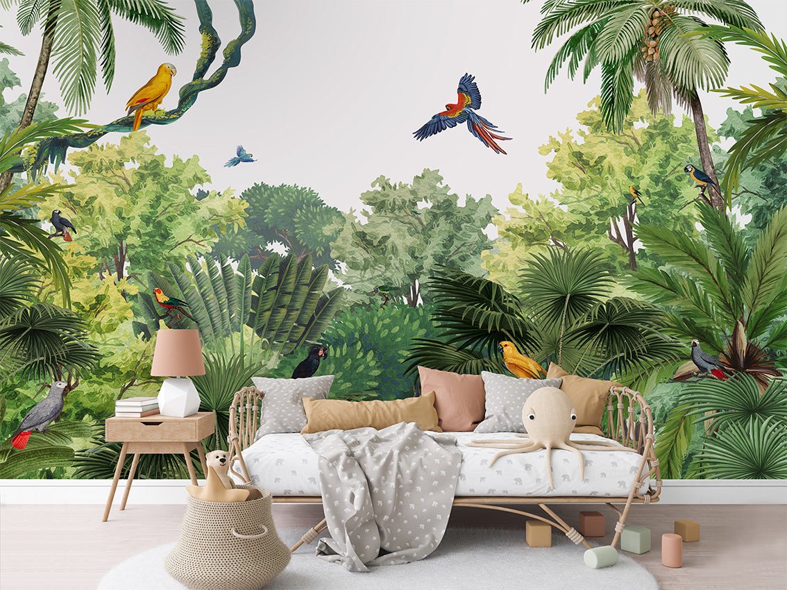 Papel pintado infantil Loros exóticos