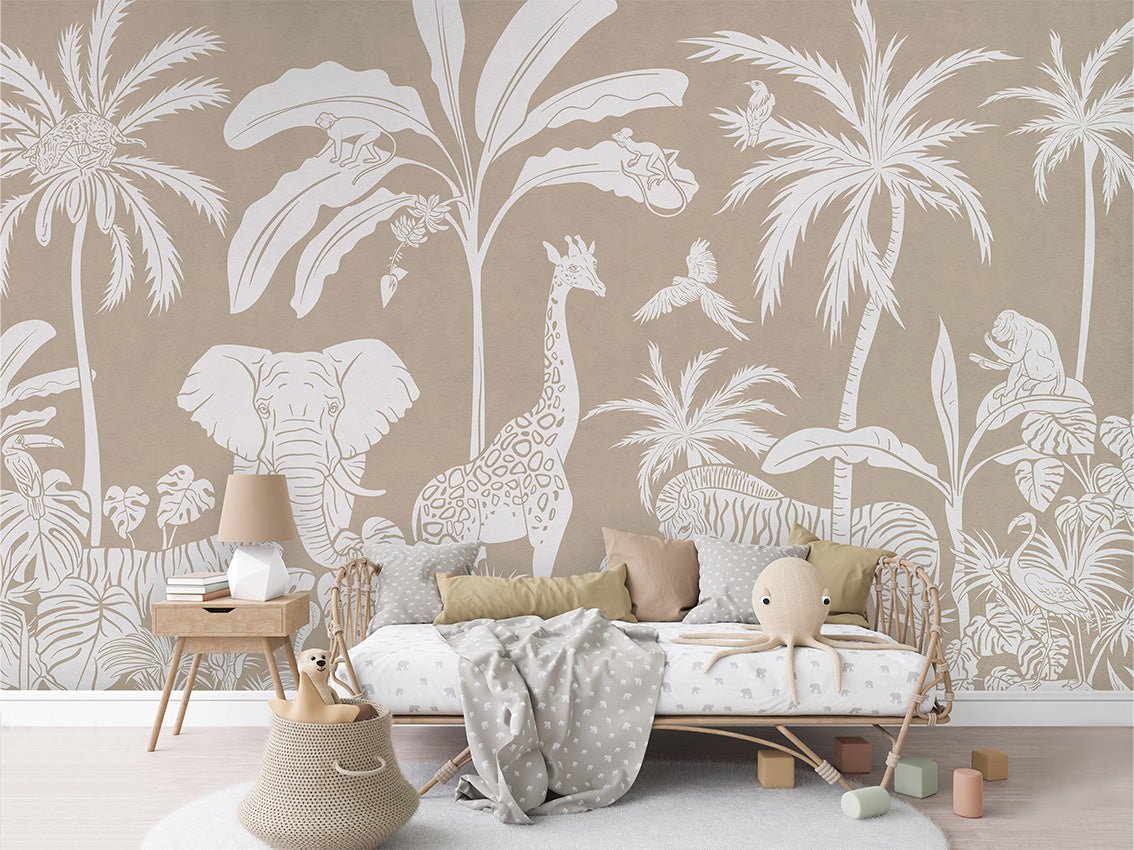 Beige monochrome safari children's wallpaper 