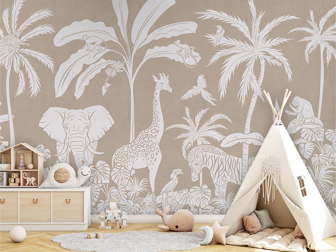 Carta da parati per bambini Safari monocromatica beige