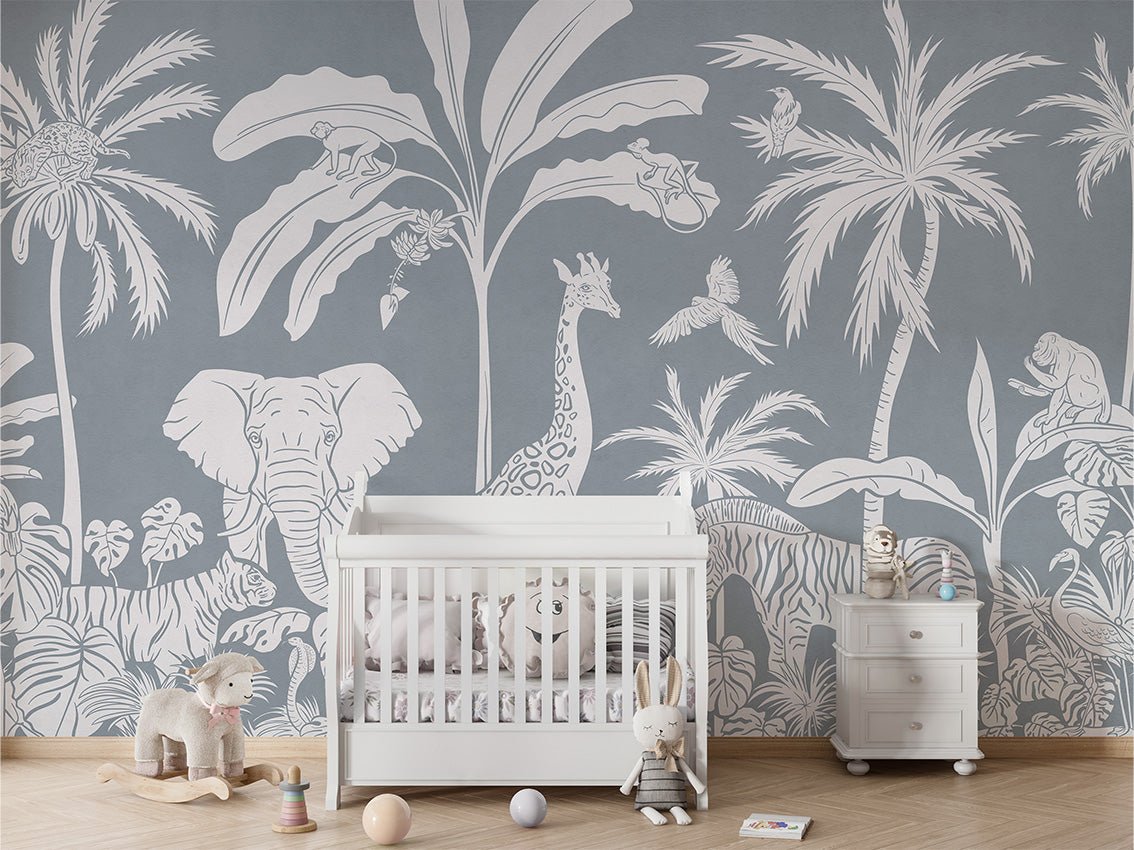 Papel pintado infantil safari monocromo azul