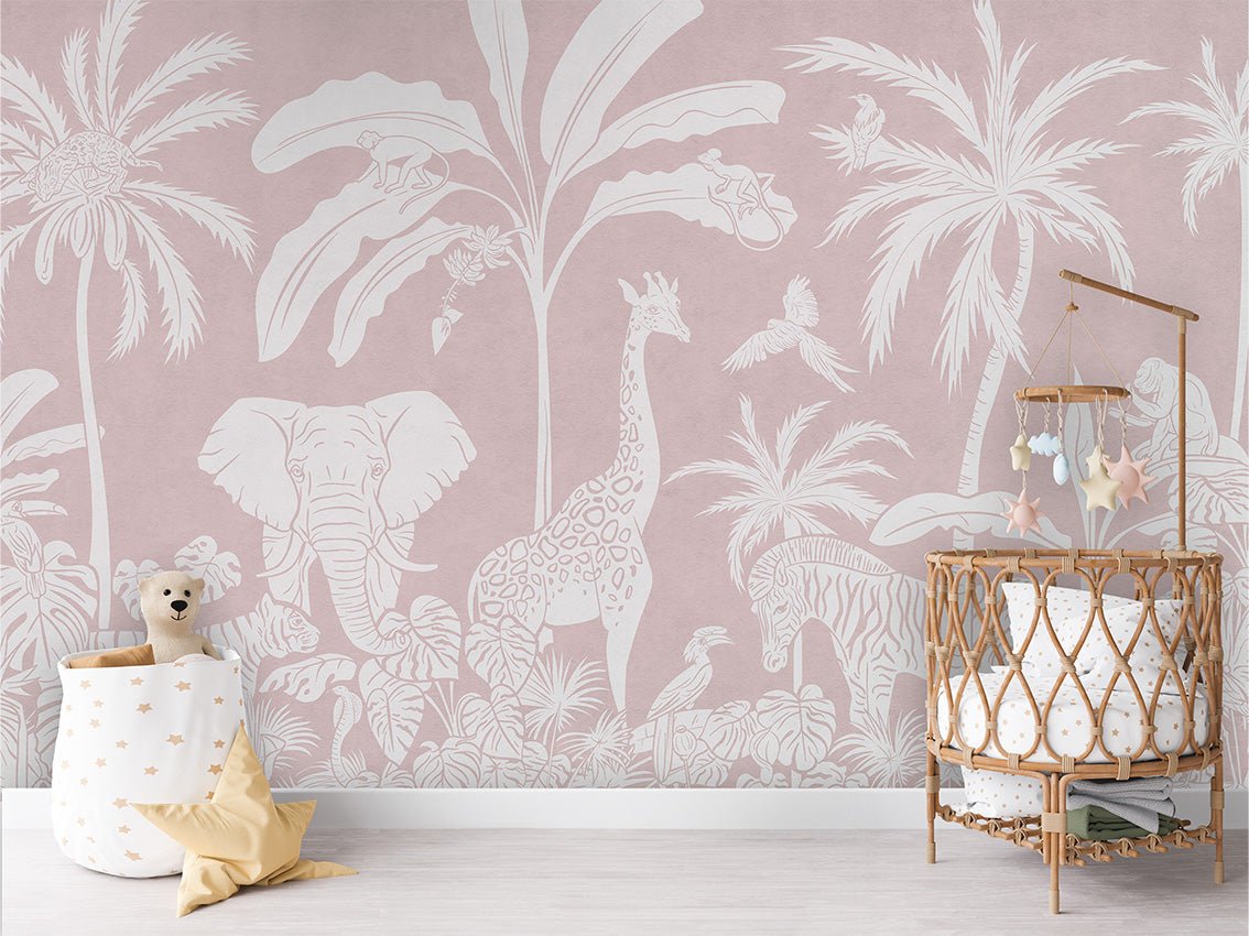 Children's wallpaper safari monochrome pink