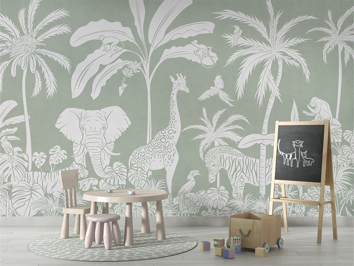 Papel pintado infantil safari monocromo verde