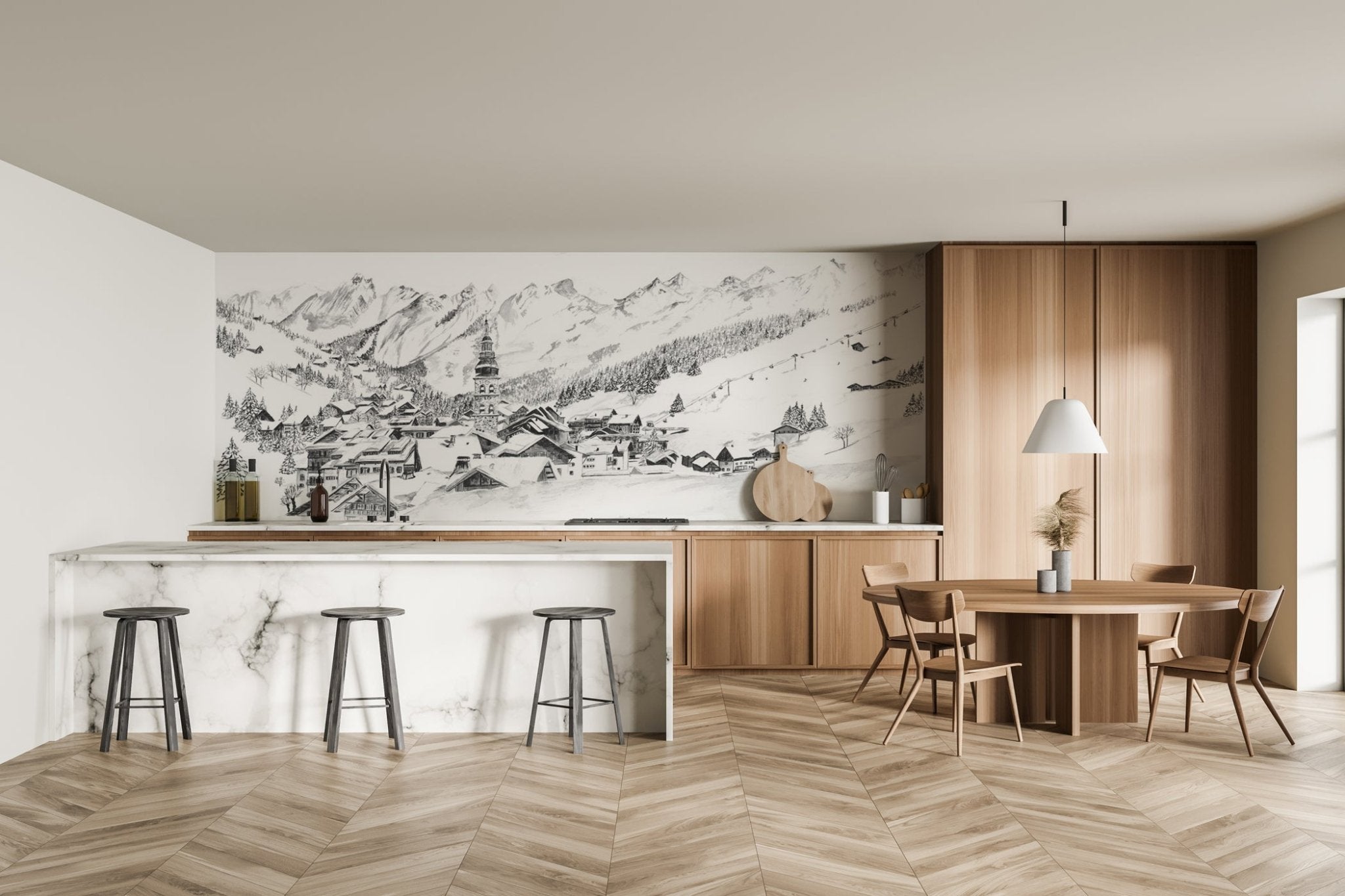 Papier peint panoramique La Clusaz en peinture - Noir et blanc