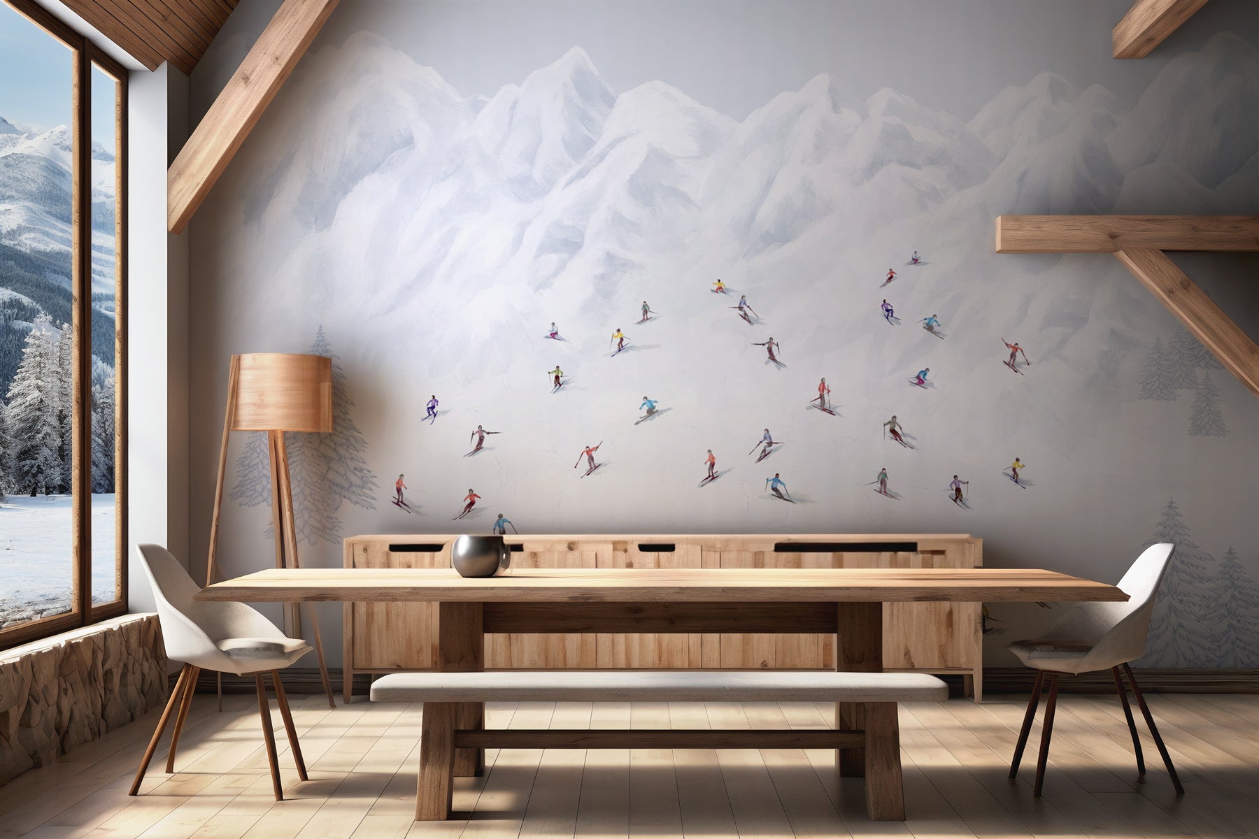 Papier peint montagne skieurs colorés, mural concept, tendance