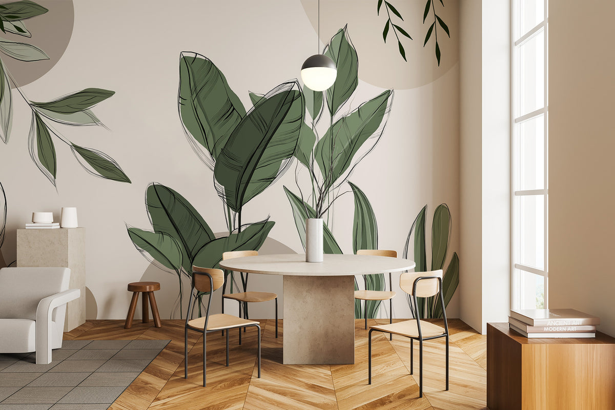 Graphic plant panoramic wallpaper in taupe