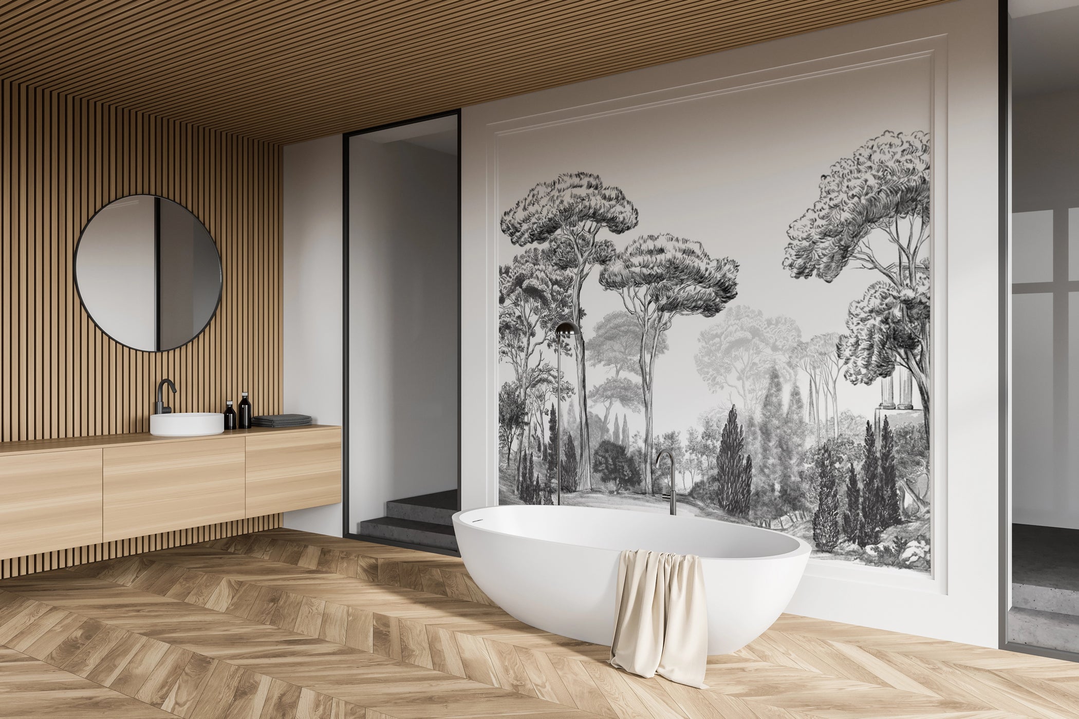 Papier peint pins élégants noirs et blancs - décor mural raffiné - Muralconcept