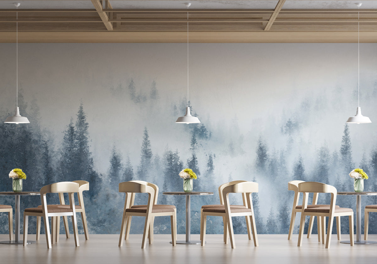 Watercolor blue mist fir tree restaurant wallpaper