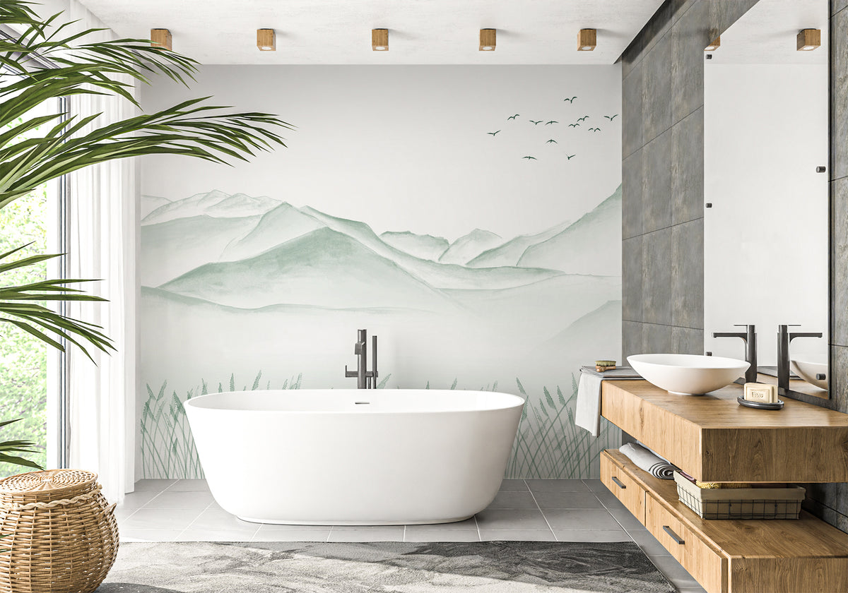 Artistic bathroom wallpaper Annecy between lake and mountains green