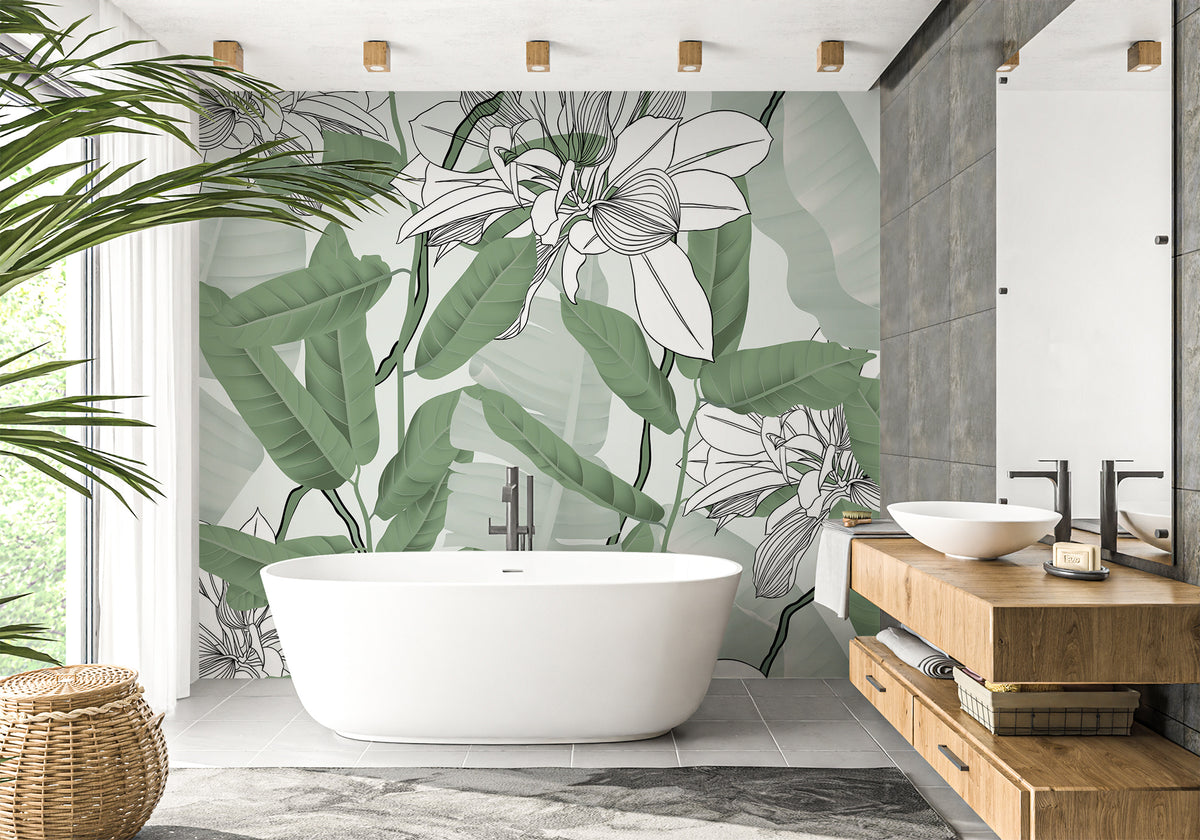 Papel pintado cuarto de baño follaje naturaleza flor verde NB