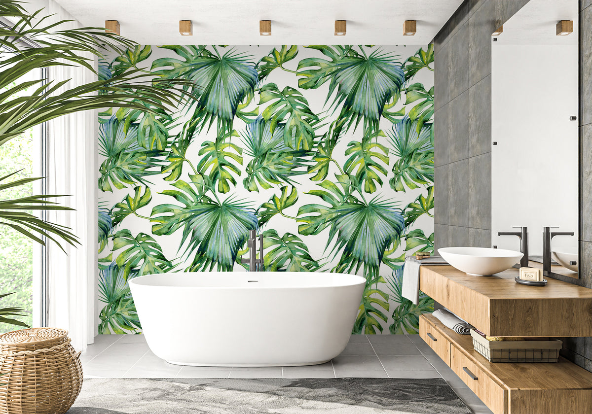 Papel pintado de follaje verde para cuarto de baño