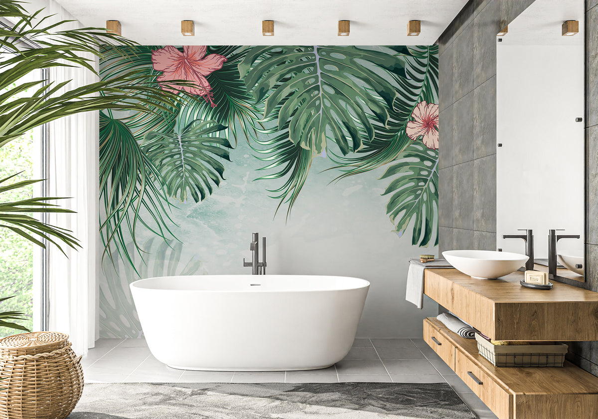 Palm flower bathroom wallpaper