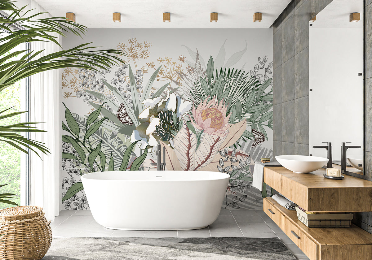 Papel pintado floral botánico para cuartos de baño