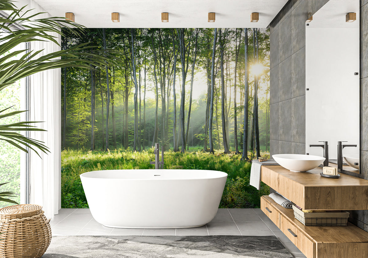 Papel pintado baño bosque de pinos