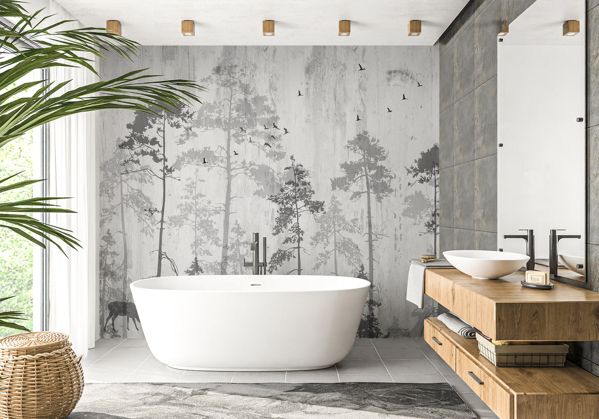 Nostalgic forest bathroom wallpaper